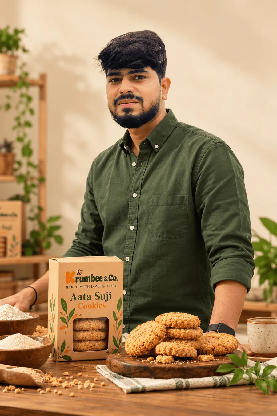 Kapil Porwal, founder of Krumbee & Co, with Krumbee Aata Suji cookies