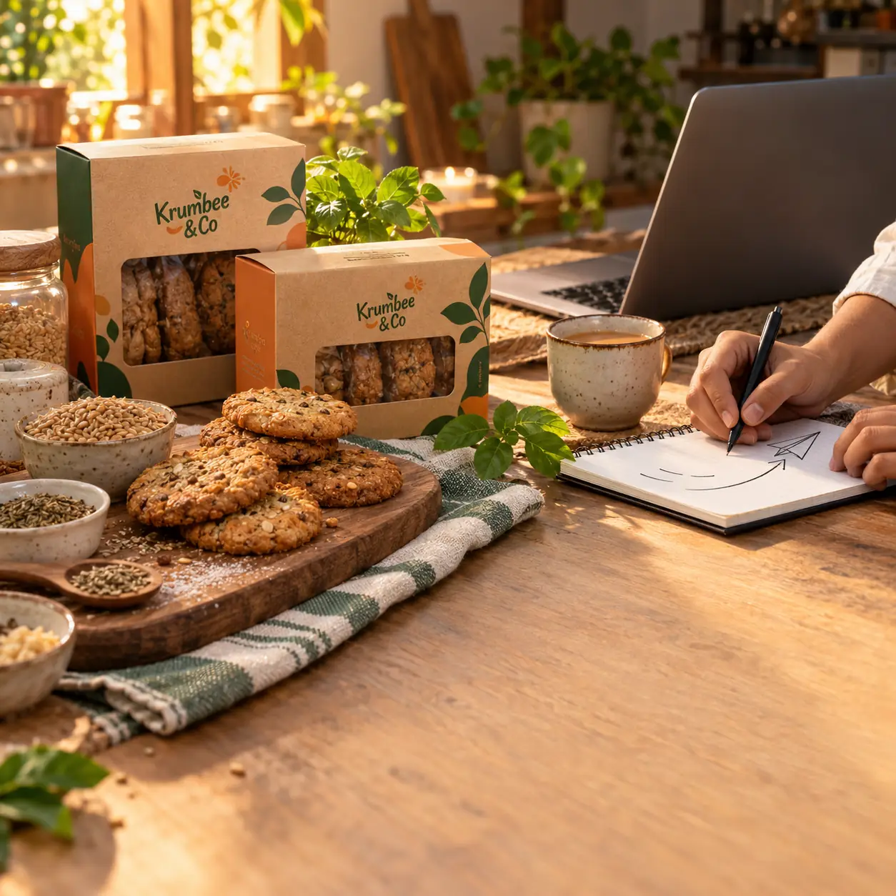 Krumbee & Co cookie packs on a planning desk, ready to grow beyond a home kitchen