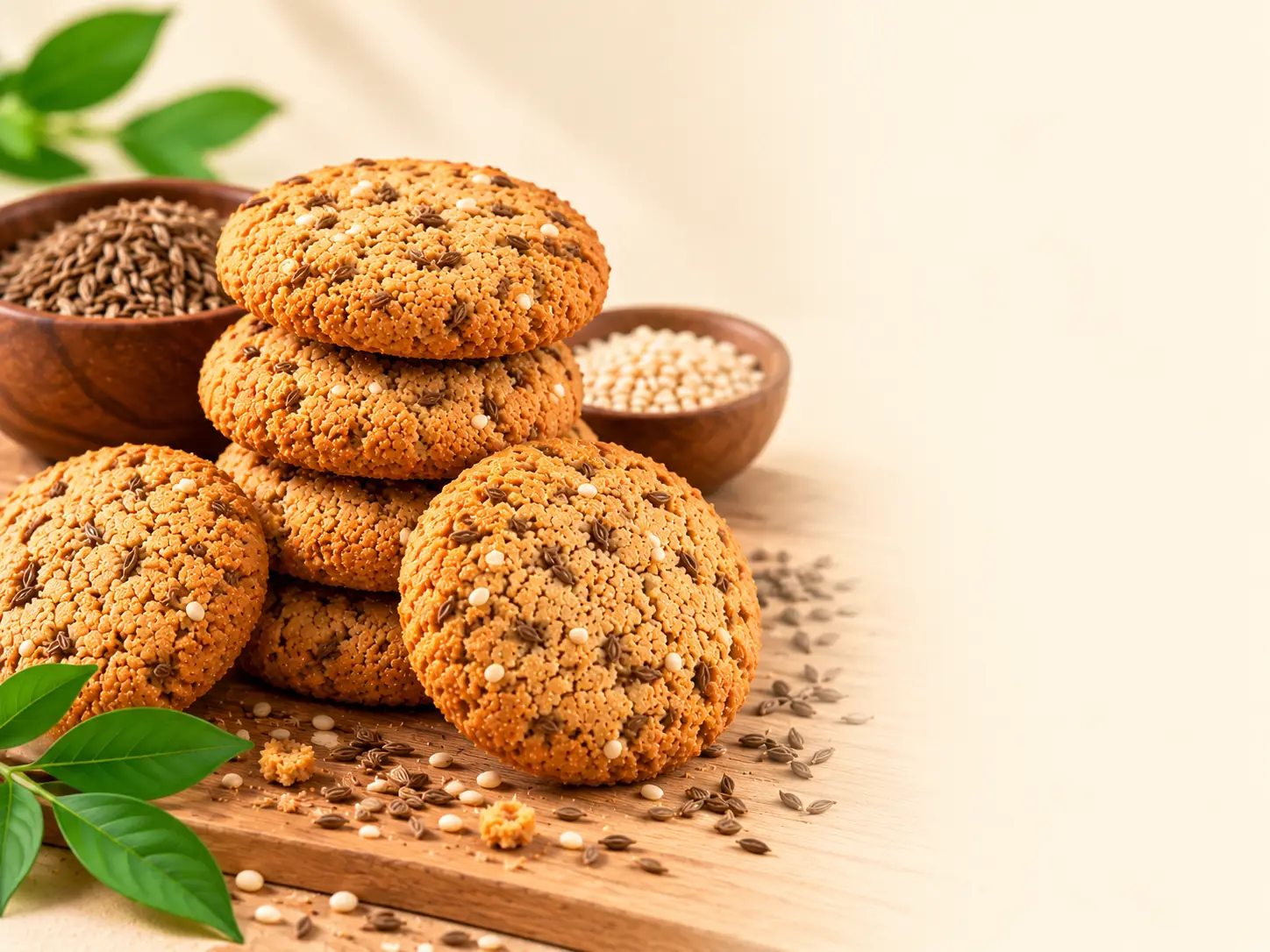 Shahi jeera cookies stacked on a wooden board